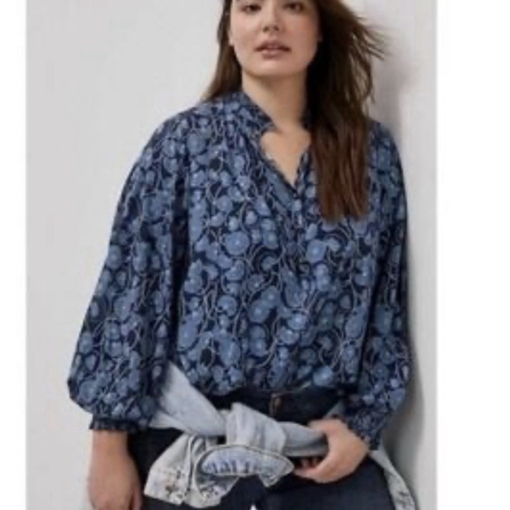 Maeve by Anthropologie Colette Blue Floral Peasant Top Blouse Size L Boho Whimsy